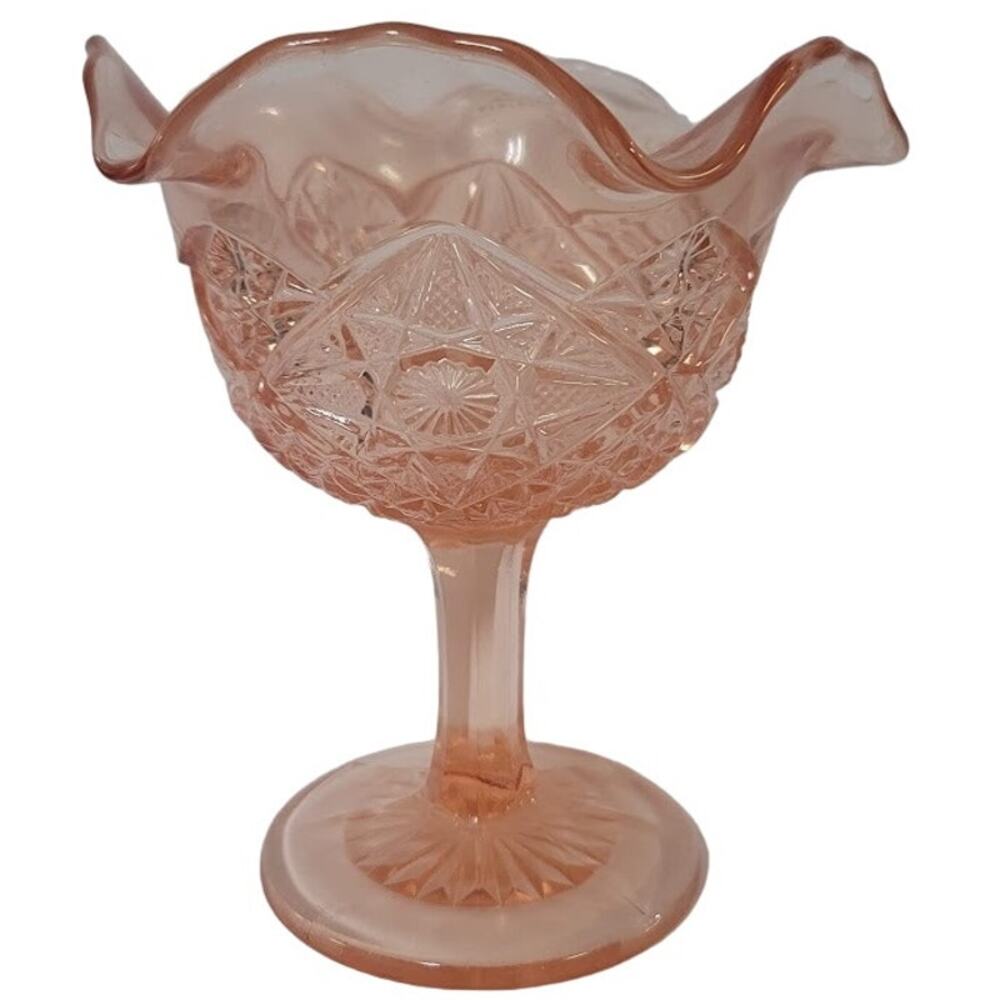 Viking Crystal Art Glass Pink Compote Candy Dish Footed ripple Edge Vintage
